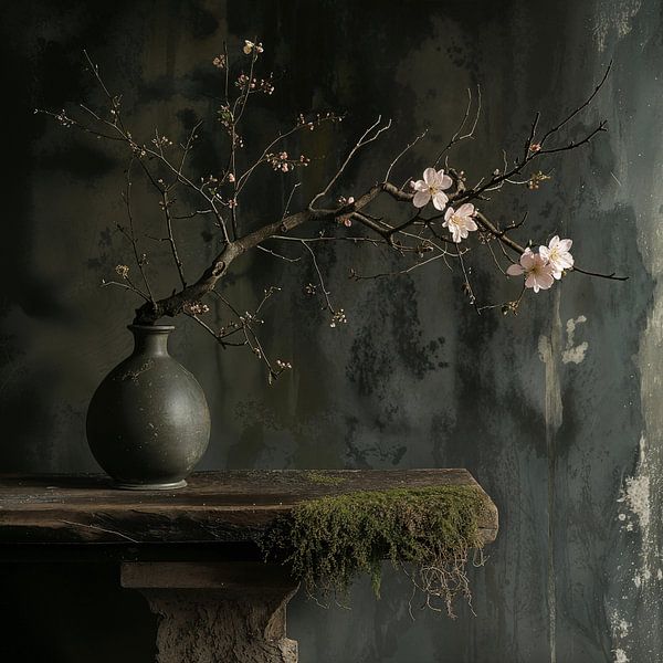 Nature morte carrée avec un vase à fleurs et une table en bois avec de la mousse par Digitale Schilderijen