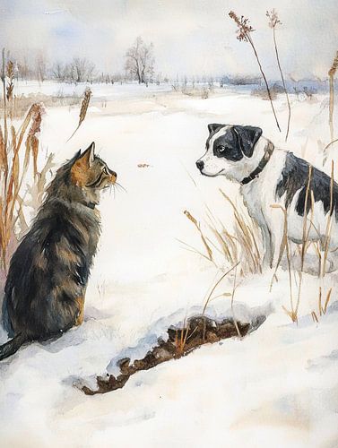 Kat en hond in de sneeuw