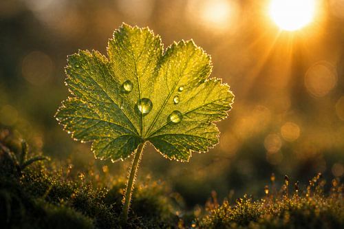 Natur Wandbild Blatt mit Tautropfen im Gegenlicht – Ruhige Makrofotografie mit goldenem Bokeh für Wohnzimmer