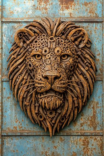 Koning van de jungle in metaal (AI) (leeuw, leeuwenkop, steampunk, mancave, stoer, reliëf, 3D, smederij, schroothoop, dier))