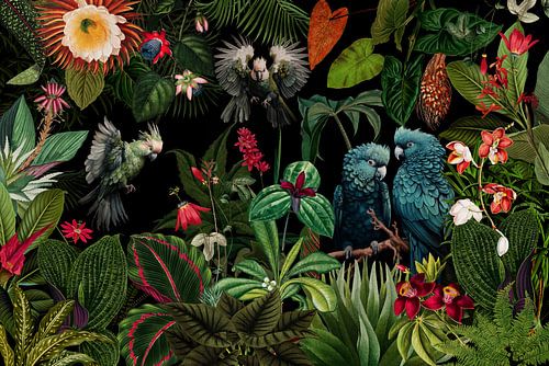 Oiseau de minuit et jungle de fleurs