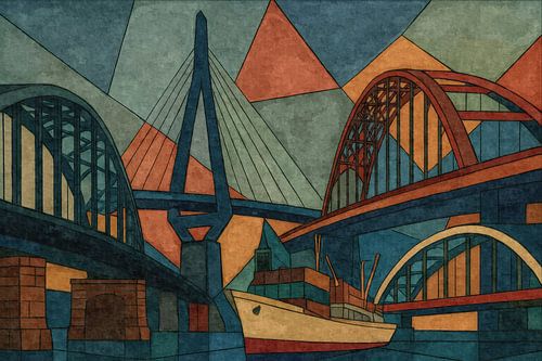 Cubist city bridges with a ship in Hamburg by Sabine Wagner