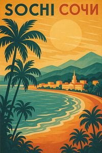 Sotschi Schwarzes Meer Reise Poster - Palmen & Strand Sonnenuntergang Kunstdruck