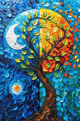 Kleurrijk boom in dag en nacht landschap