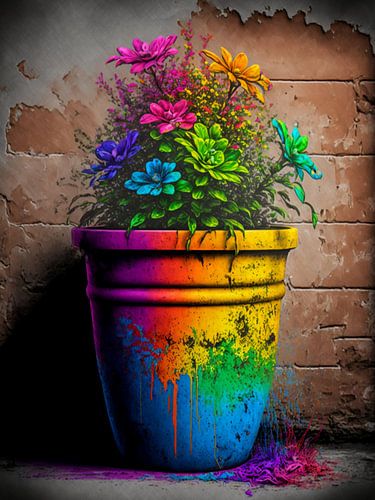 Kleurrijke potplant bloemen surrealistische kleurrijke spatten van kleur speels