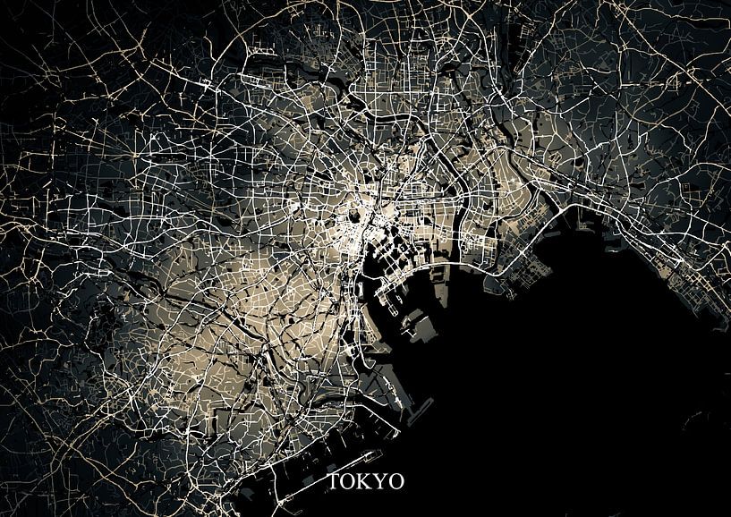 Tokio Japan - Abstrakte Karte in Schwarz-Gelb-Gold von Art By Dominic