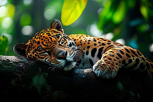 Slapende jaguar op boomstam