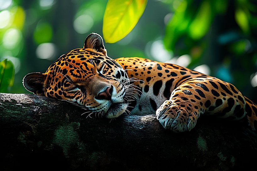 Sleeping jaguar on tree trunk by Imperial Art House