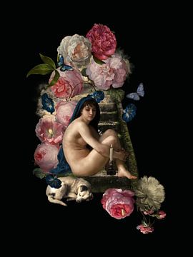 Venus met bloemen en slapende hond op trap