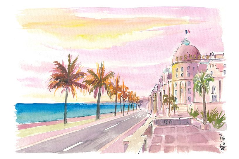 Nice France Riviera watercolour view of Promenade des Anglais by Markus Bleichner
