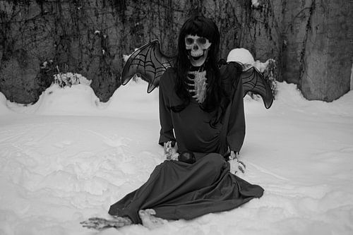 Devil bride skeleton with red dress and devil wings in the snow