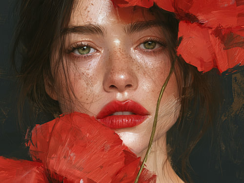 Portrait de femme aux coquelicots rouges et aux yeux verts