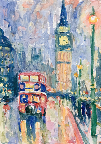 London at dusk with Big Ben and a red bus