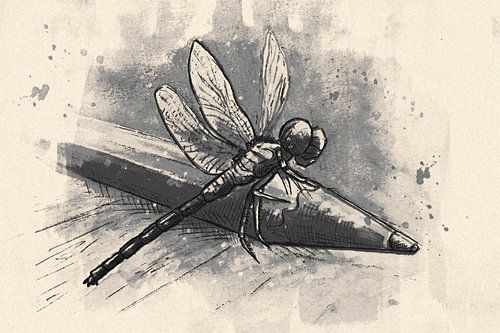 Digitaal artwork - libelle in beige en donkergrijs