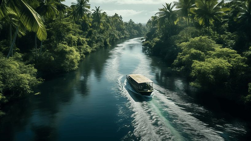 Vue aérienne d'un bateau de pêche dans la forêt tropicale avec canal et plantes vertes par Animaflora PicsStock