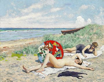 Paul Fischer, Zwei Mädchen und ein japanischer Sonnenschirm am Strand von Hornbæk