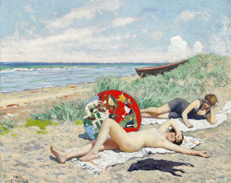 Paul Fischer, Zwei Mädchen und ein japanischer Sonnenschirm am Strand von Hornbæk von Atelier Liesjes