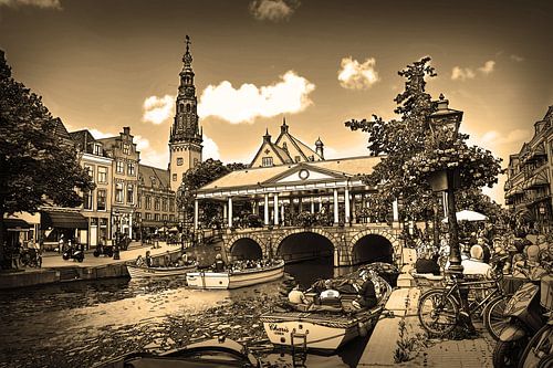 Pentekening Leiden Sepia Tekening Stadhuis en Kroonbrug Lijntekening