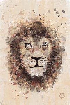 Mixed media artwork of a lion's head by Emiel de Lange