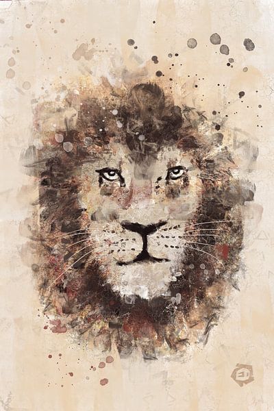Mixed media kunstwerk van een leeuwen kop van Emiel de Lange