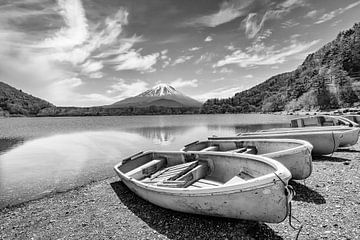 Idylle bij het Shoji-meer met de berg Fuji | monochrom van Melanie Viola