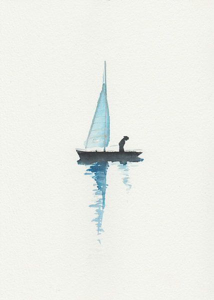 Original hand painted watercolor of lonely boat with figure by Yvette Stevens