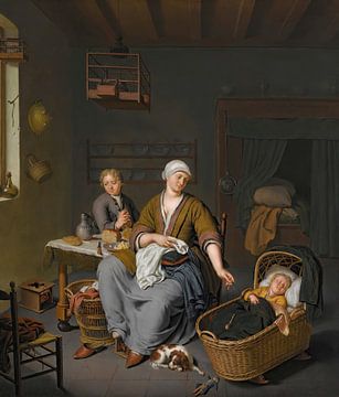 Een jonge moeder verzorgt haar twee kinderen in een huiselijk interieur, Willem Van Mieris
