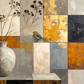 Rouge-gorge près d'un vase en pierre et de branches - décoration murale luxueuse dans les tons or, taupe, beige et brun rouille sur Emiel de Lange