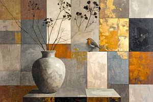 Rotkehlchen bei Steinvase und Zweigen – luxuriöse Wanddekoration in Gold, Taupe, Beige und Rostbraun