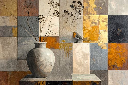 Roodborstje bij stenen vaas en takken - luxe wanddecoratie in goud taupe beige en roestbruin