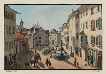 Uitzicht op het binnenland van de stad Schaffhausen, genomen nabij de Kroon, Johann Ludwig Bleuler