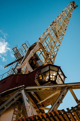 Harbor Crane Close-Up – Rust Patina, Cab & Blue Sky | Industrial Wall Art