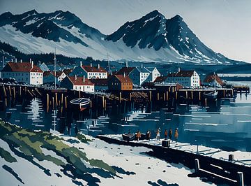 Noorwegen havenstadje aquarel van Jan Bechtum