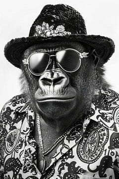 Modieus geklede gorilla met zonnebril en hoed van Poster Art Shop