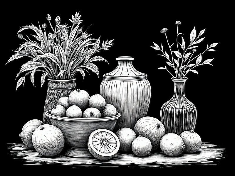Stilleven met bloemen en fruit in zwart-wit van The Photo Artist