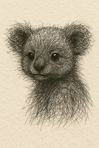 Draad portret baby koala (Australië line art realistisch tekening beige zwart speels schattig) van Natalie Bruns