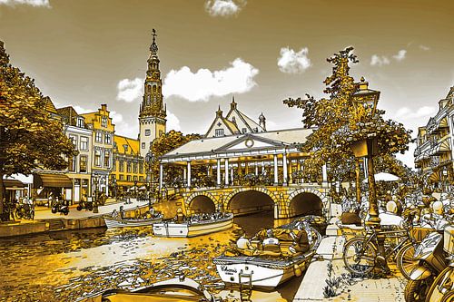 Pentekening Leiden Gouden Tekening Stadhuis en Kroonbrug Lijntekening