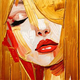 Modernes Nahaufnahme-Porträt in Gold und Rot im Impasto-Stil von Studio Pieternel