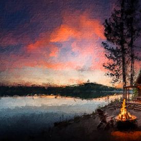 Boshut met haardvuur aan een meer bij avondrood (kunst) van Art by Jeronimo