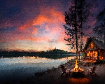 Waldhütte mit Feuerstelle an einem See in der Abenddämmerung (Kunst)