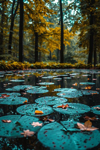 Herbstliche Reflexion in einem Teich voller Seerosen von Imperial Art House