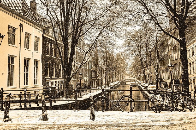 Binnenstad van Amsterdam in de Winter Sepia van Hendrik-Jan Kornelis