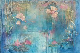 Blue and Pink Water Lilies Impressionist Painting by Joriali Abstract