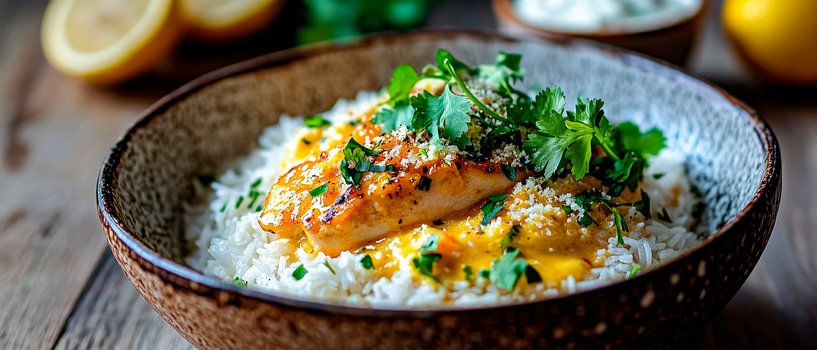 Saumon frit sur riz aux herbes par Poster Art Shop