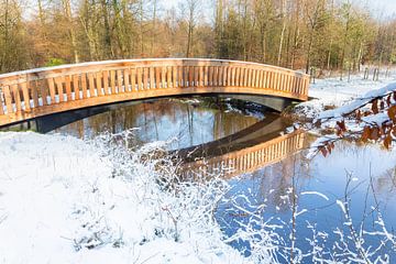 Houten brug over water met sneeuw in winter van Ben Schonewille