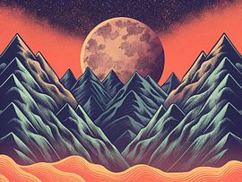 Paysage de montagne au clair de lune : Une aube cosmique stylisée au-dessus de pics majestueux et de dunes chuchotantes