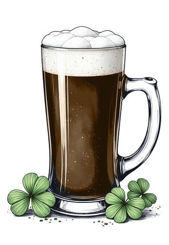 Illustration numérique d'une bière brune dans une chope, ornée de trèfles