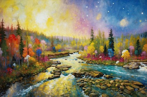 Zweeds Landschap Schilderij Rivier in Scandinavische Wildernis