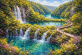 Plitvice in Kroatien, ein impressionistisches Gemälde. von Galerie Hoppenbrouwers