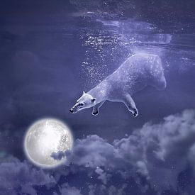 Surreale Nacht: Majestätischer Eisbär schwimmt im Sternenhimmel über der Kirche von Elianne van Turennout